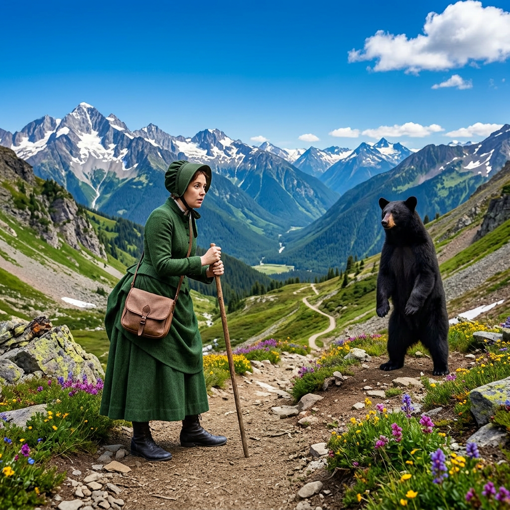 19th-century woman with bear in mountains