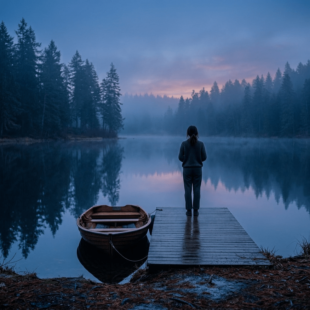 Woman standing silently at twilight landscape