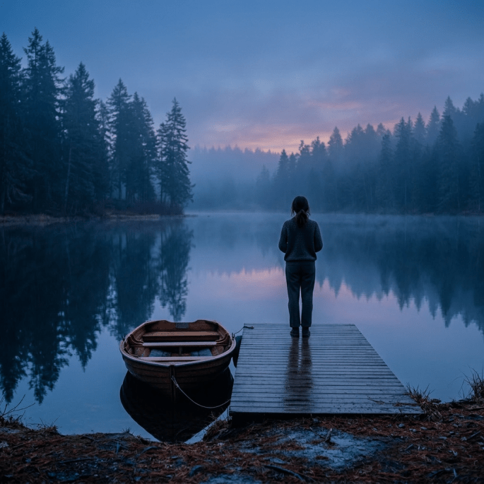 Woman standing silently at twilight landscape