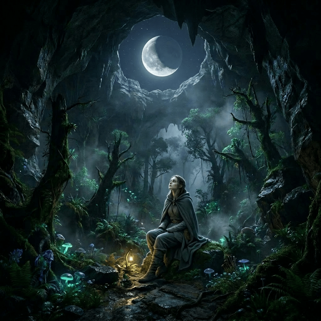 Path through a misty cave forest with glowing mushrooms and trees beneath a rocky ceiling opening