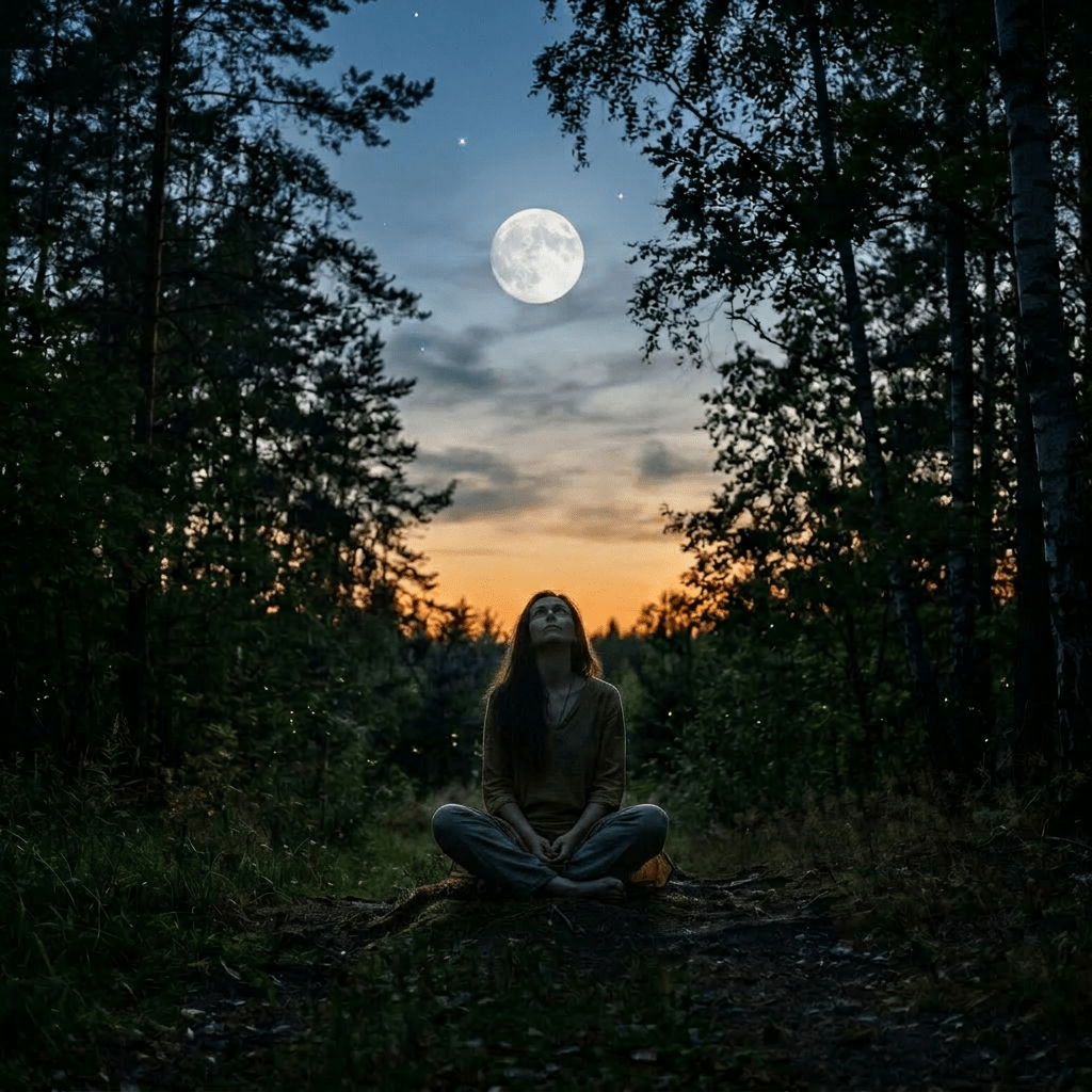 Woman standing in forest clearing at dusk looking up at full moon with hands clasped
