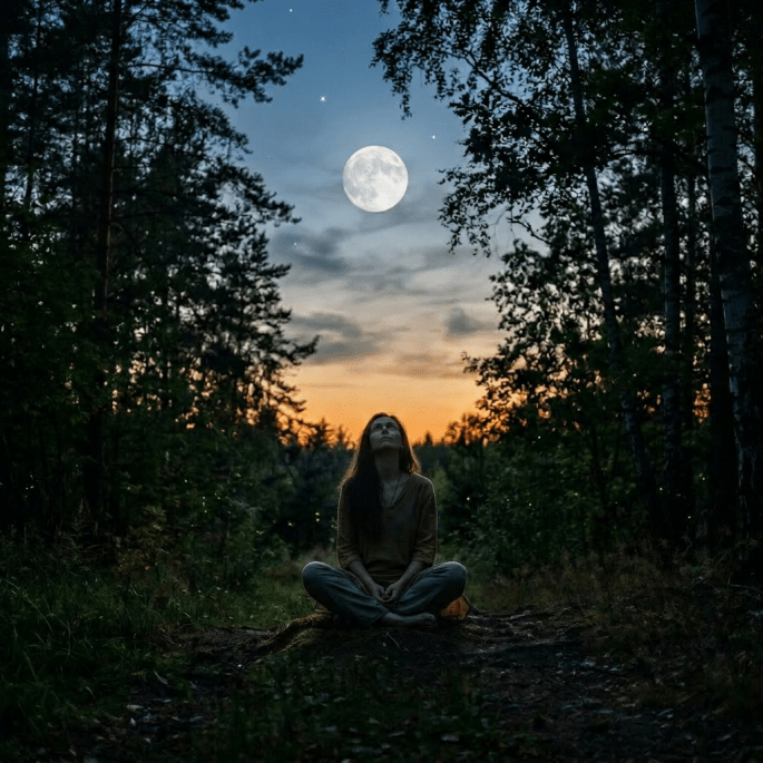 Woman standing in forest clearing at dusk looking up at full moon with hands clasped