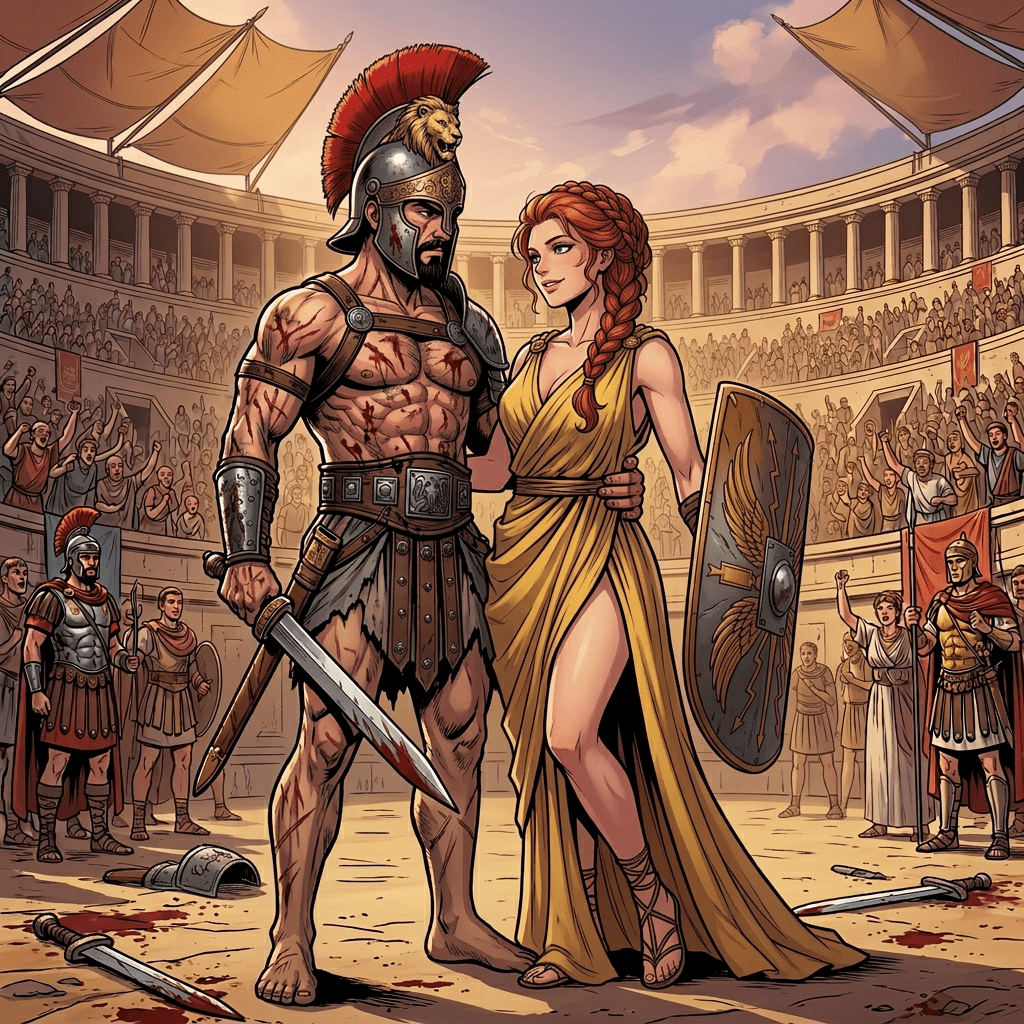 Two knights in armor with swords and shields on castle wall at sunset